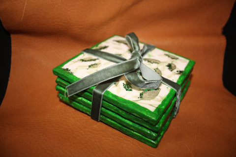 Green Leaf Tile Coaster Set