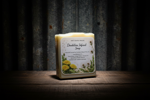 Bar of soap with a label on a wooden surface against a rustic metal background