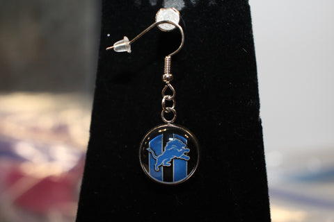 Handmade Detroit Lions Blue and Black Striped Earrings with Silver-Tone Finish