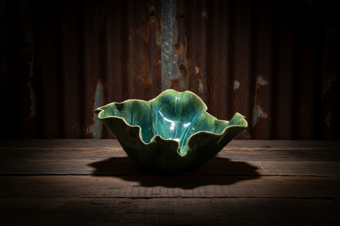 Handcrafted Ceramic Ruffled Bowl in Green and Blue Marbled Glaze