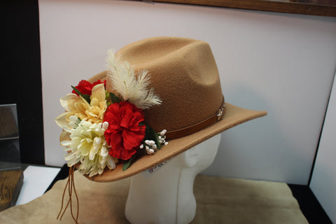 Tan Felt Cowboy Hat with Star-Studded Leather Band and Red & White Floral Side D