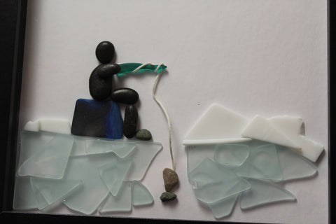 Pebble Ice Fishing Shadow Box Art by Art By Amy