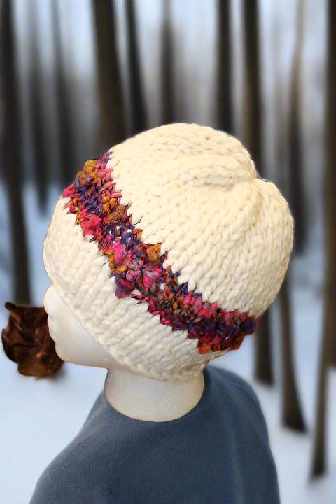 Cream Knit Hat W/ Purple, Pink, Gold Stripe