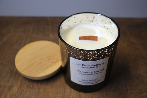 Rustic Sunflower Black Speckled Glass Candle with Bamboo Lid, 8oz Soy Wax,