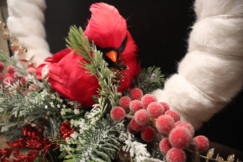 Winter White Wreath with Red Cardinal, Frosted Berries, and Pinecone Accents