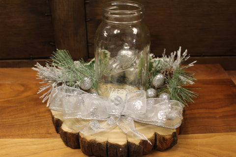 Rustic Mason Jar Centerpiece w/ Frosted Pine Accents & Silver Ribbon on Wood