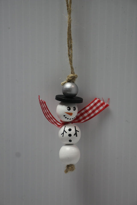 Wooden Snowman Ornament with Red and White Gingham Scarf and Black Hat