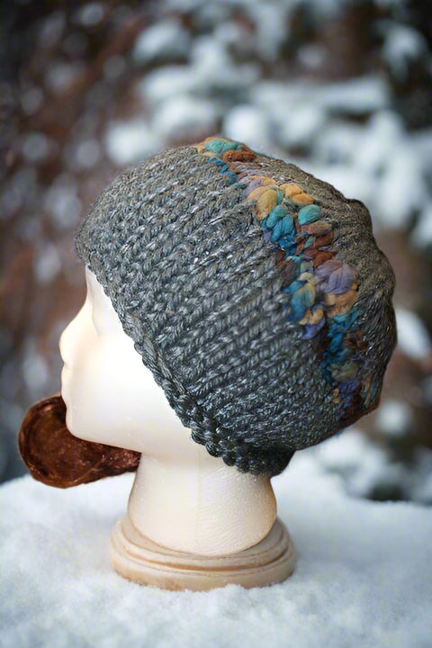 Blue Knit Hat with Shades of Blue and Brown Stripe