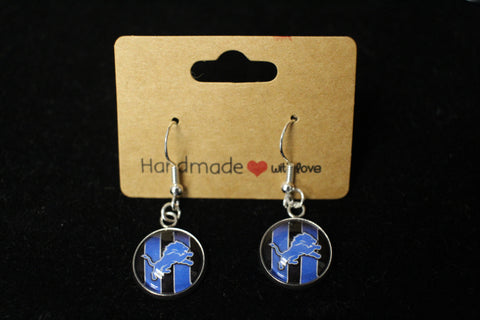 Handmade Detroit Lions Blue and Black Striped Earrings with Silver-Tone Finish