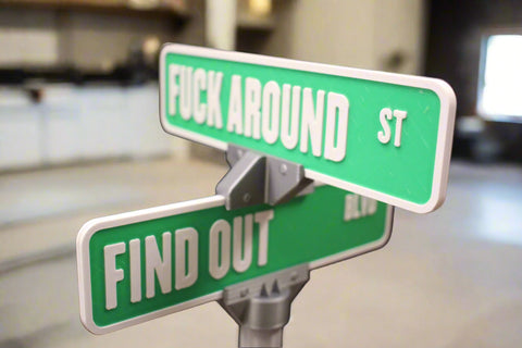 10-Inch Tall Miniature Intersection Sign: "Fuck Around St" and "Find Out Blvd" - Green and White with Gray Post Base