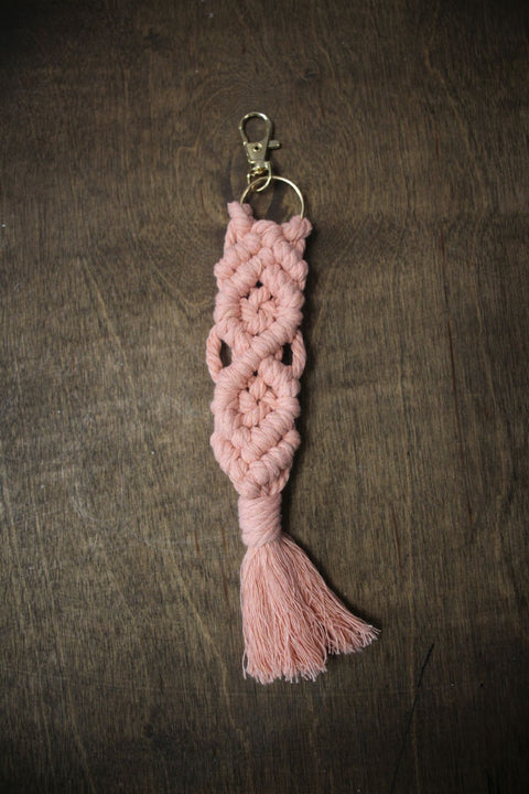 Pink Macramé Keychain with Tassel and Gold Clip