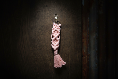 Pink Macramé Keychain with Tassel and Gold Clip