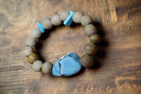 Turqouise Chunk w/2 Turq Chip & Tan Wood Bead Bracelet by Theiss