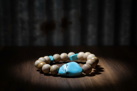 Turqouise Chunk w/2 Turq Chip & Tan Wood Bead Bracelet by Theiss