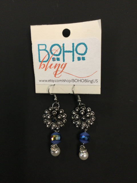 Silver Flower with blue earrings by BOHO Bling