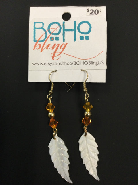 White Feather with Orange bicones earrings by BOHO Bling