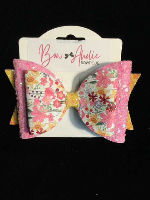 Pink/yellow Flower Bow by Bow-Aholic Bowtique