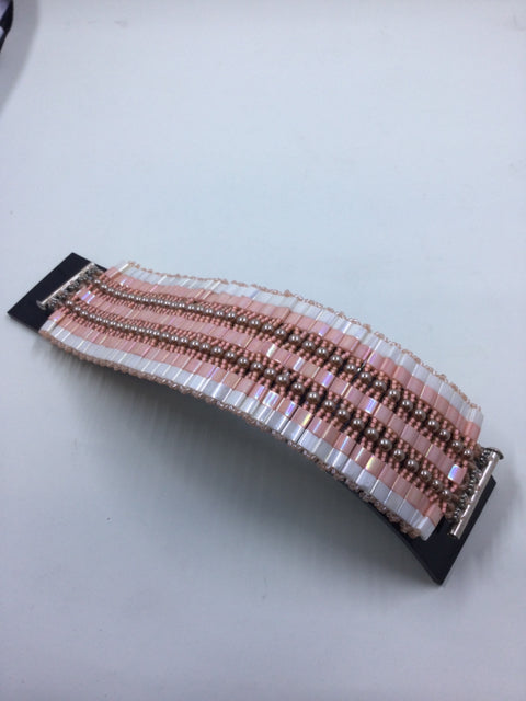 Hand Woven Peach and White Bracelet by Outrageously Millie
