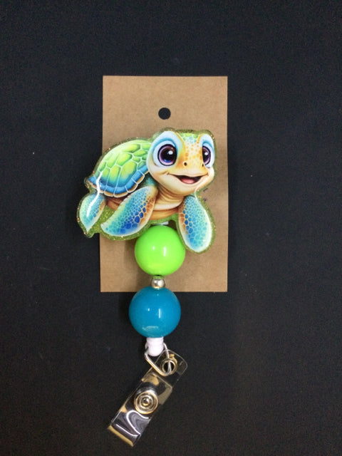 Beaded Blue and Green Badge Reel by June Bugs