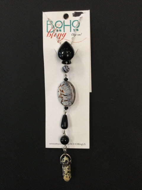 B/W Crackle Agate with Dalmatian 2 Clip-On by BOHO Bling