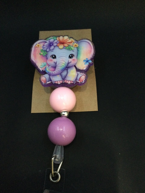 Beaded Pink and Purple Elephant Badge Reel by June Bugs