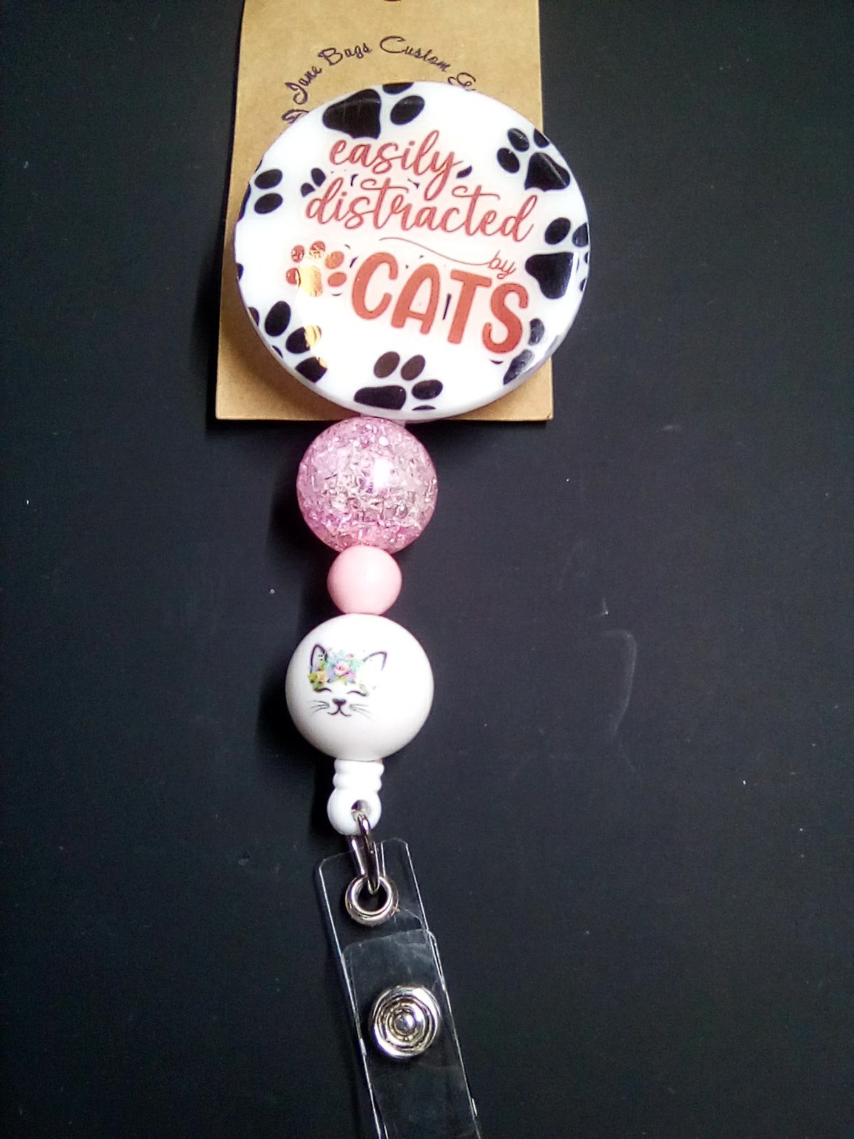 Easily Distracted by Cats Beaded Badge Reel by June Bugs