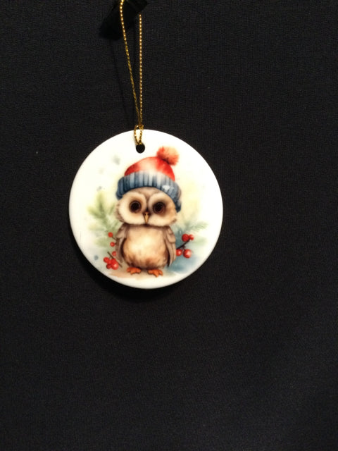 Porcelain Owl Red Hat Grey Trim Ornament by June Bugs